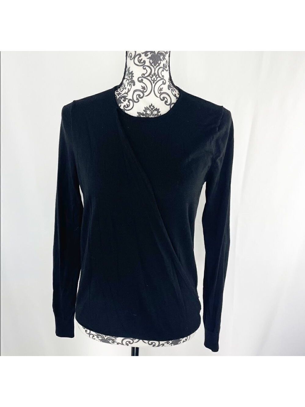 Theory Wool & Silk Faux Wrap Black Sweater